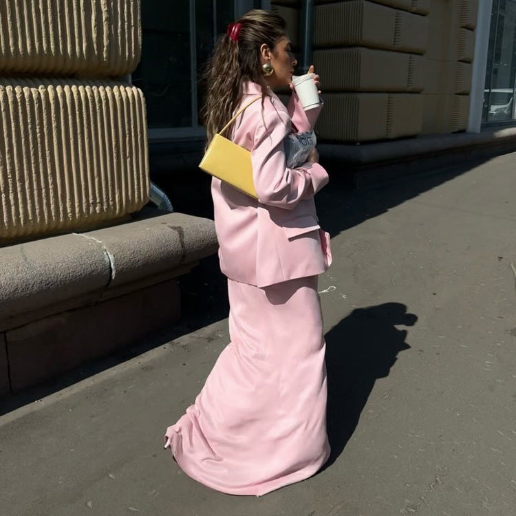 Chic Pink Satin Skirt Suit Set With Long Sleeve Blazer