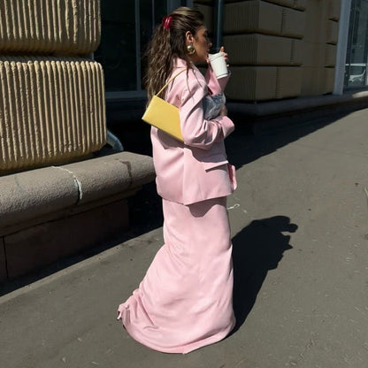 Chic Pink Satin Skirt Suit Set With Long Sleeve Blazer