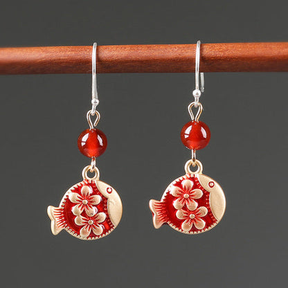 Antique Red Earrings With Cheongsam Retro Temperament Joker Jade Sterling Silver Ethnic Vintage Style Earrings
