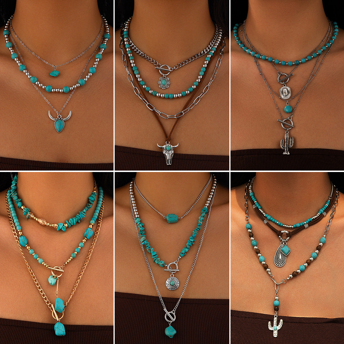Vintage Turquoise Bull Skull Choker Necklace With Beads