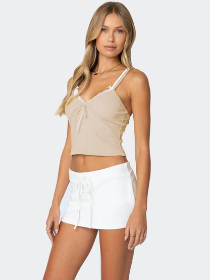 Lace Trim Color Block Cami Top with Bow Details