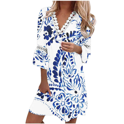 V-Neck-Print Lace Panels, Bohemian Casual Resort-Inspired Dress
