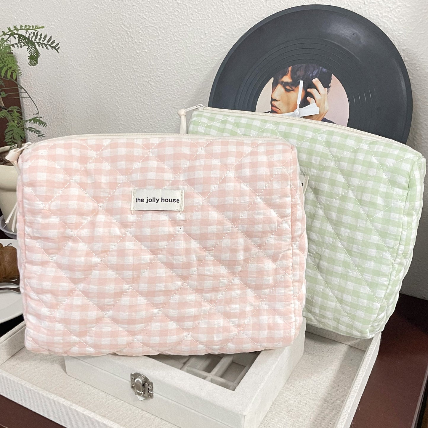 Large Capacity Plaid Makeup Bag Cute Portable Cotton Cosmetic Organizer