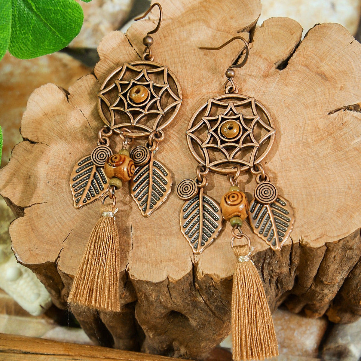 Bohemian Dreamcatcher Tassel Earrings and Wooden Necklace Set