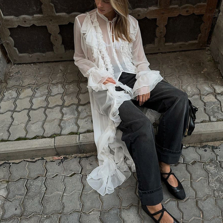 Chiffon Ruffled Midi Dress Slim Fit Long Sleeve Casual Dress