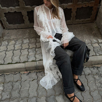 Chiffon Ruffled Midi Dress Slim Fit Long Sleeve Casual Dress