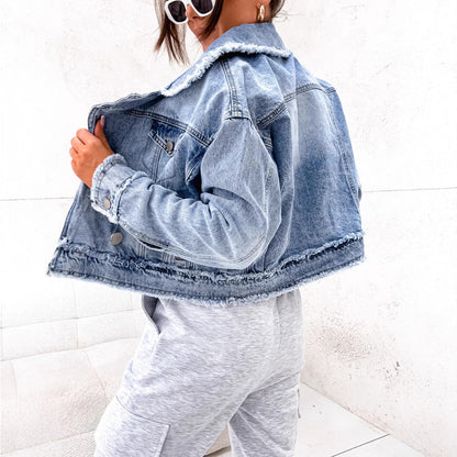 Denim Washed Lapel Collar Frayed Hem Jacket