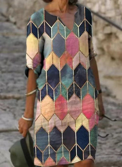 Abstract Print V-Neck A-Line Dress Comfortable Casual Fashion