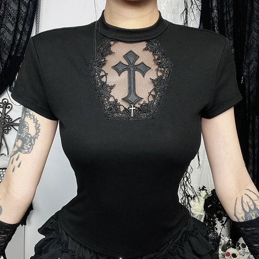 Sexy Black Cross Graphic T-Shirt for Trendy Casual Wear