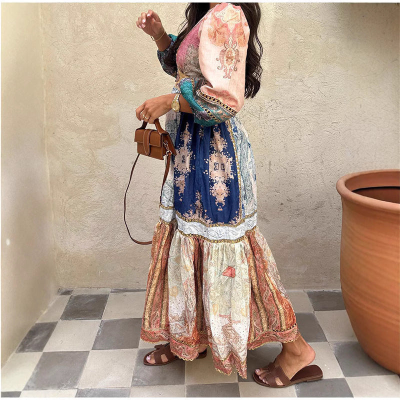 Vintage Floral Maxi Dress With Puff Sleeves For Casual Vacation