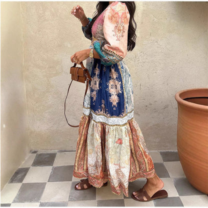 Vintage Floral Maxi Dress With Puff Sleeves For Casual Vacation