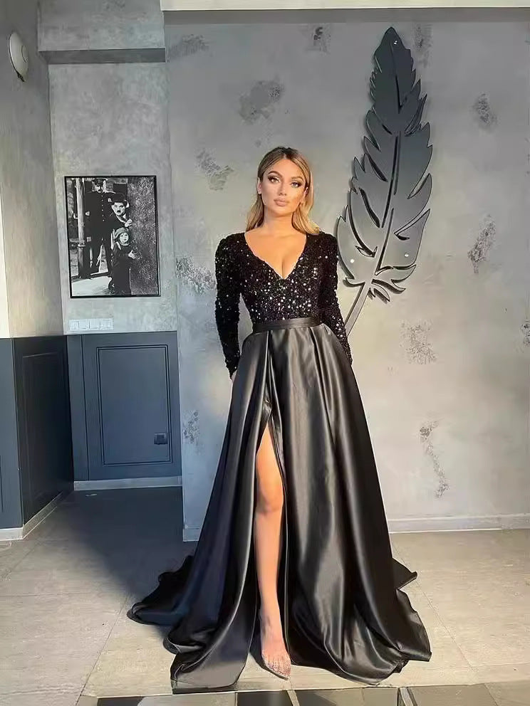 Sequin V-Neck Flared Long Dress With Side Slit