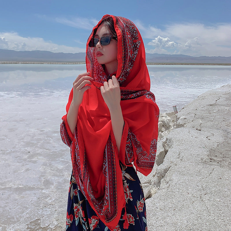 Red Ethnic Style Sunscreen Shawl Women'S Summer Thin Style Wrapped With Silk Scarves, Beach Scarves