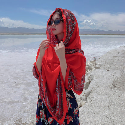 Red Ethnic Style Sunscreen Shawl Women'S Summer Thin Style Wrapped With Silk Scarves, Beach Scarves