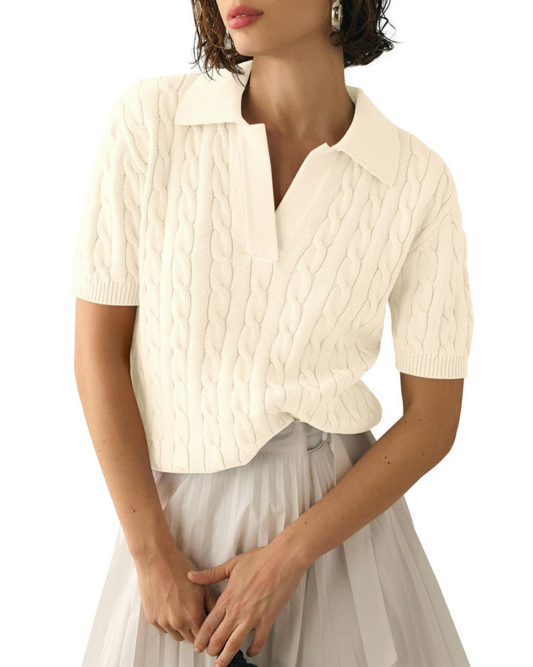 Lapel V-Neck Twist Short Sleeves Knit Tops