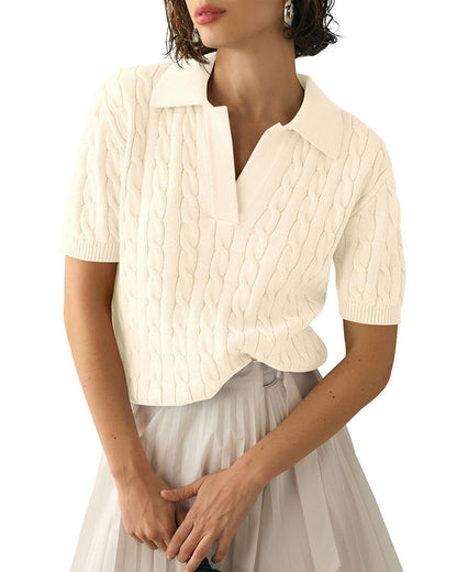 Lapel V-Neck Twist Short Sleeves Knit Tops