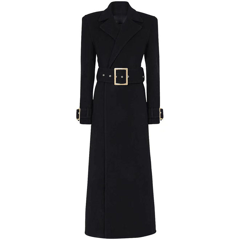 Trendy Black Long Woolen Coat With Belt