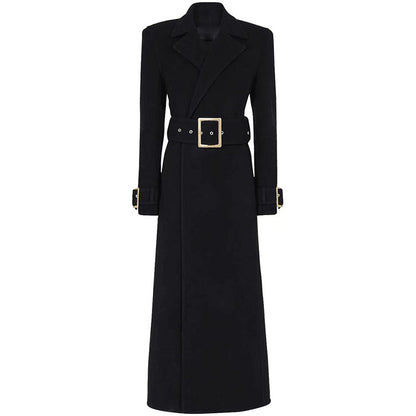 Trendy Black Long Woolen Coat With Belt