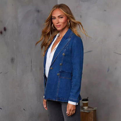 Trendy Casual Wash Blue Denim Blazer for Women