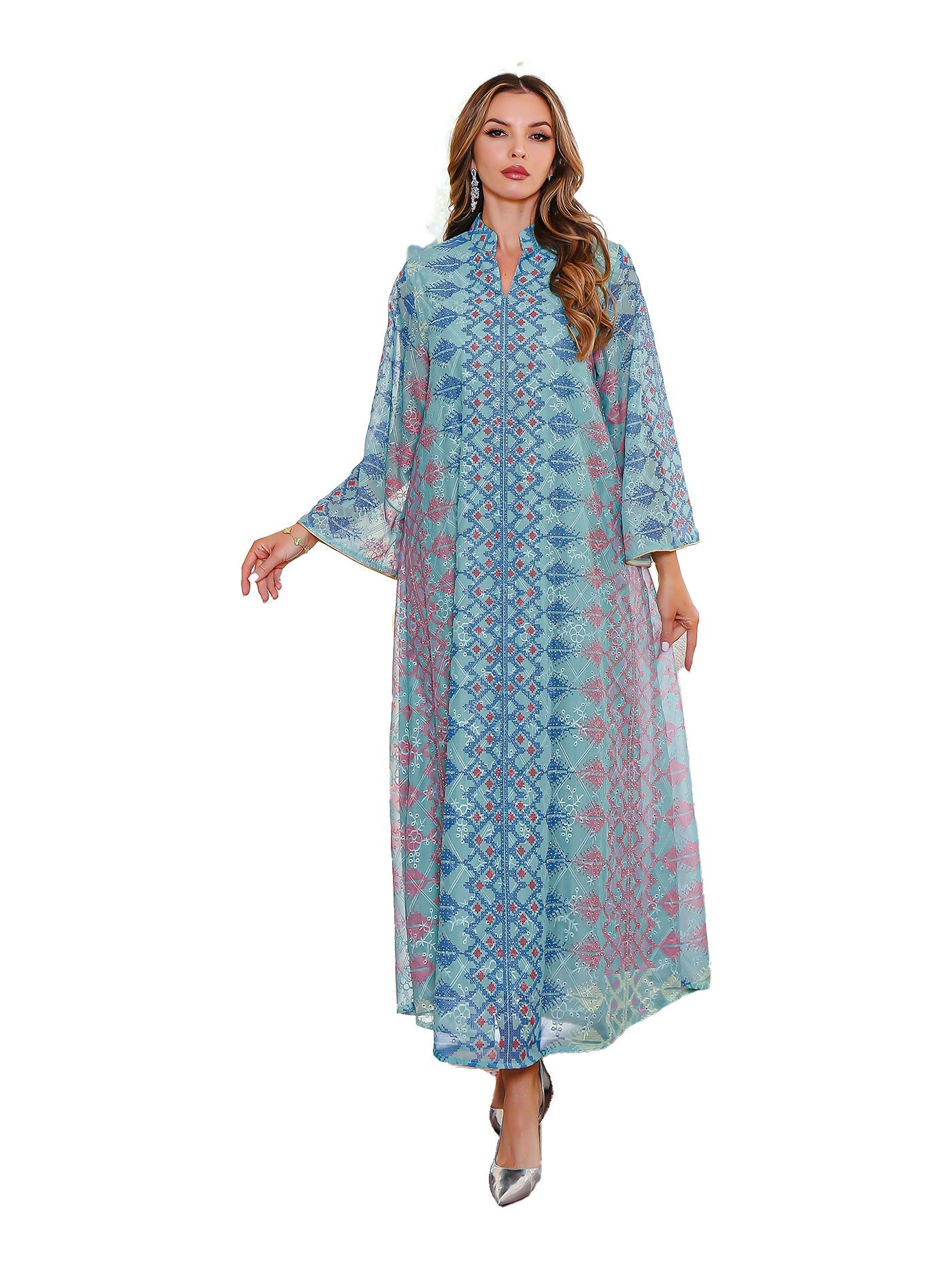 Muslim Embroidered Long Dress Traditional Abaya Green and Beige