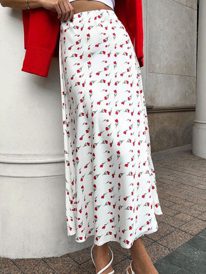 Cherry Print Elegant High-Waisted Midi Skirt