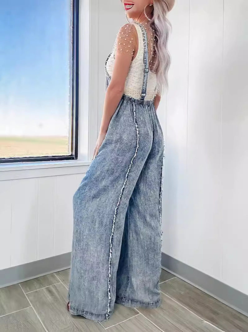 Women's Loose-Fit Denim Overalls Vintage Washed Wide-Leg Jumpsuit