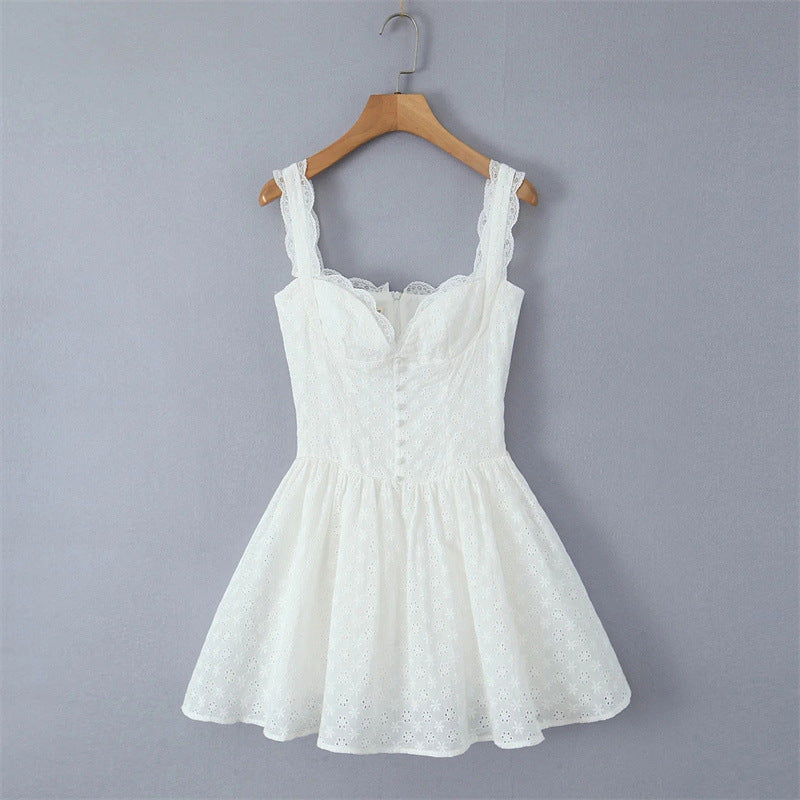Sweet Lace Trim Straps Puff Mini Dress