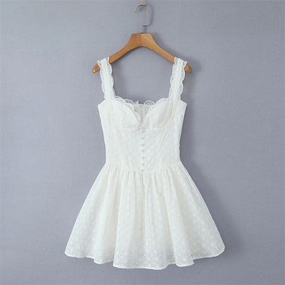 Sweet Lace Trim Straps Puff Mini Dress