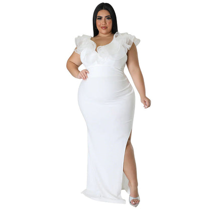 Solid Color Bodycon Dress Elegant V-Neck Long Dress
