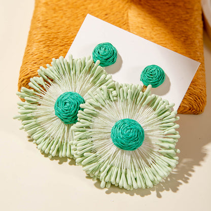 Handmade Woven Raffia Vacation Earrings Floral Design