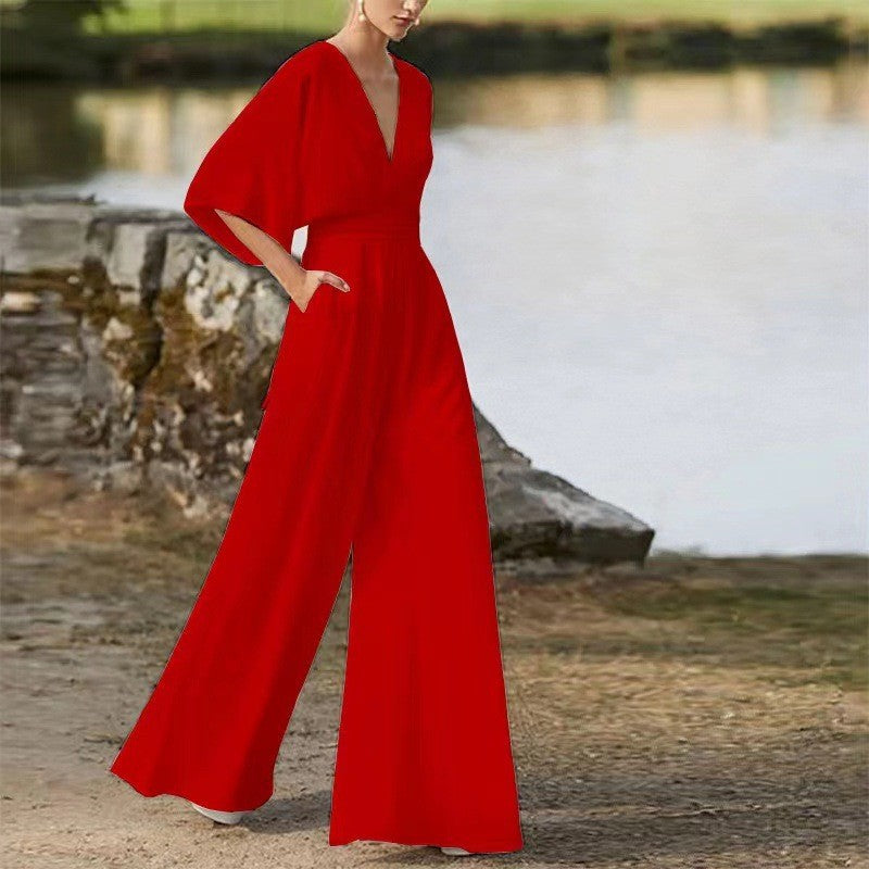 Trendy Solid Color Jumpsuit With Half Sleeves