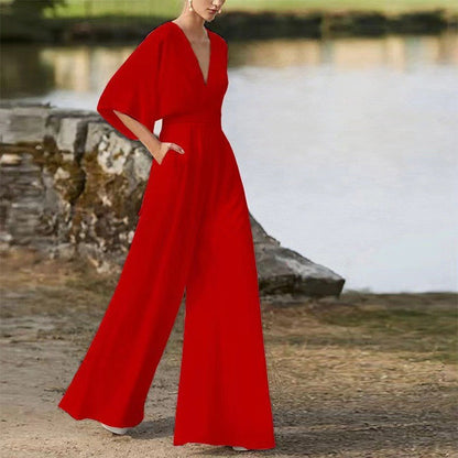 Trendy Solid Color Jumpsuit With Half Sleeves