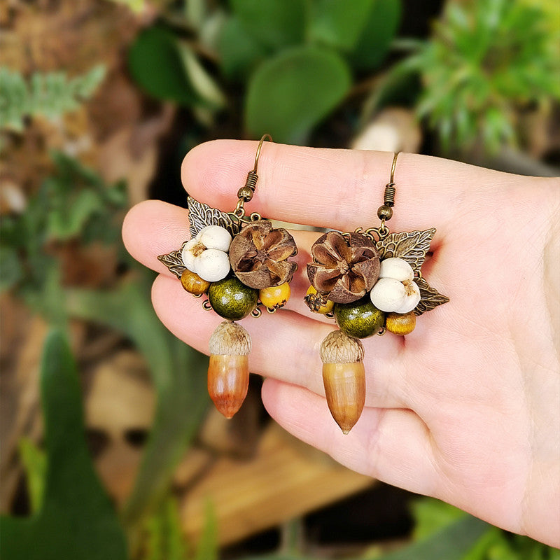 Rustic Leaf Acorn Earrings Handmade Floral Wooden Jewelry