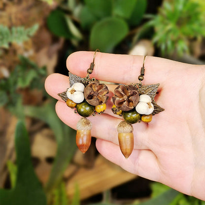 Rustic Leaf Acorn Earrings Handmade Floral Wooden Jewelry