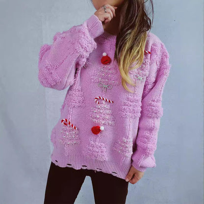Solid Color Crew Neck Pearl Christmas Sweater