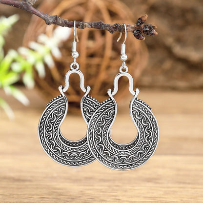Geometric Cut-Out Vintage Metal Earrings Stylish Silver Jewelry