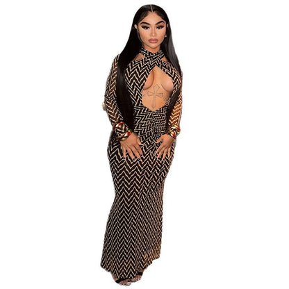 Striped Bodycon Dress With Hollow Design And Long Sleeves
