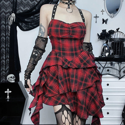 Backless Red Checkered Bodycon Dress
