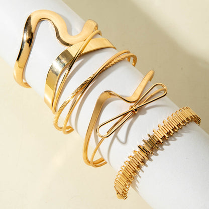Vintage Geometric Open-Cuff Gold Bracelet Set