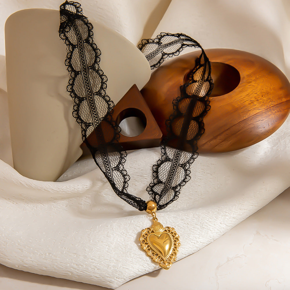 Elegant Lace Detail Heart Pendant Necklace in Stainless Steel