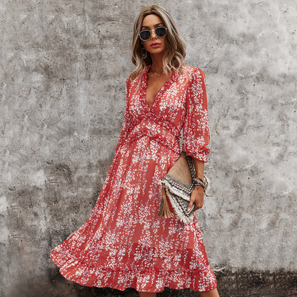 V-Neck Simple Printed Dress