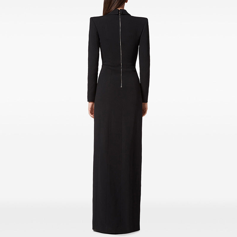 Deep V Neck Blazer Style Open Back Crisscross Maxi Dress