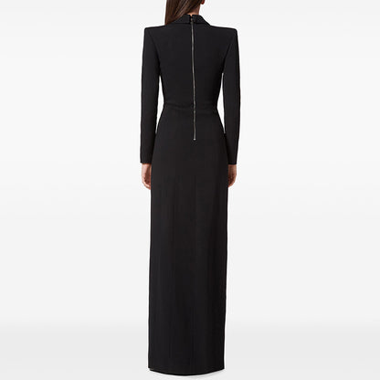 Deep V Neck Blazer Style Open Back Crisscross Maxi Dress