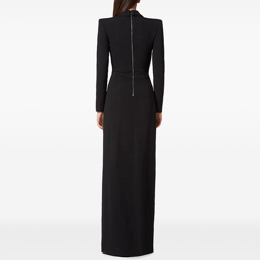 Deep V Neck Blazer Style Open Back Crisscross Maxi Dress