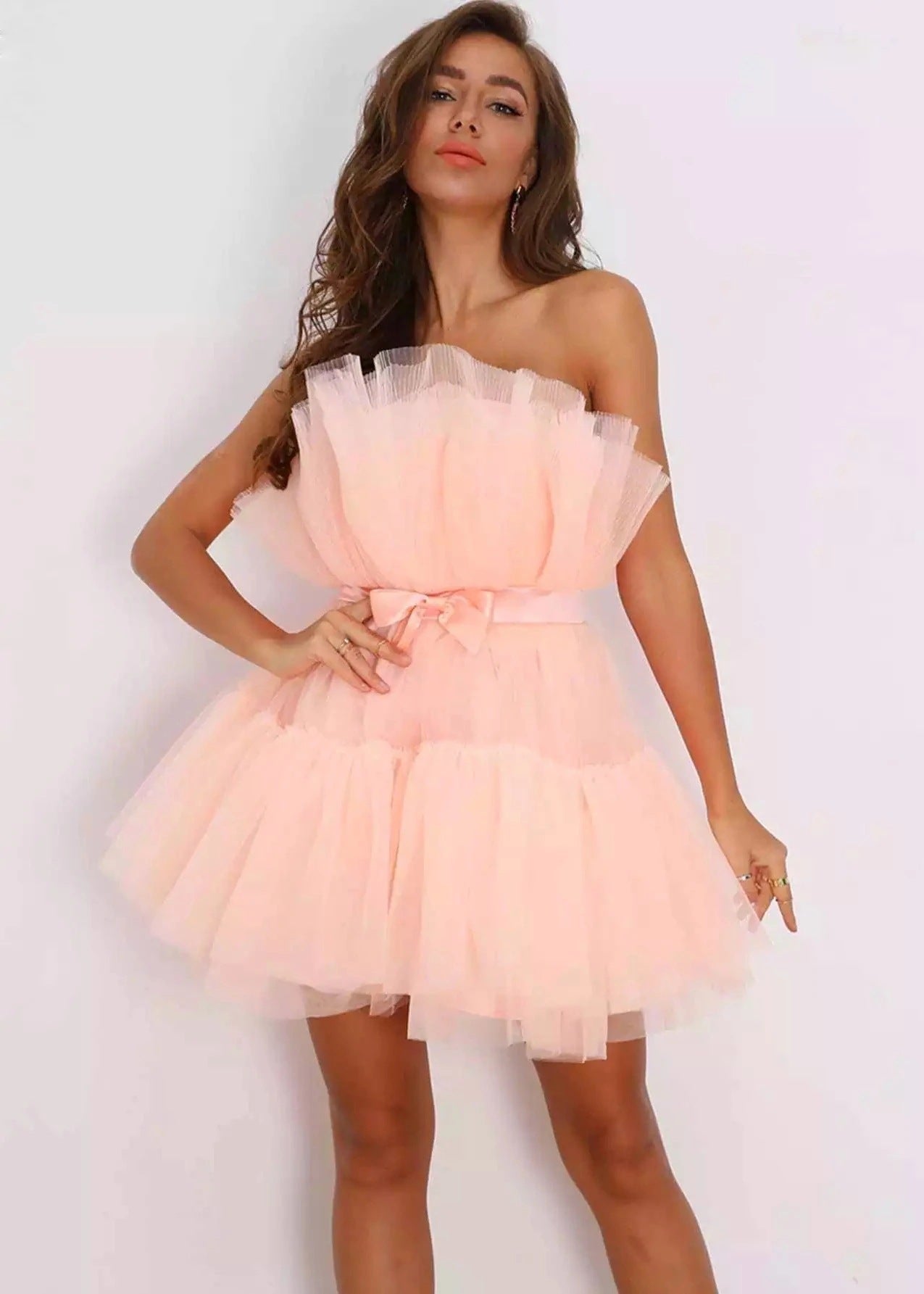 Strapless Tulle Bow Dress Elegant Flare Cocktail Dress