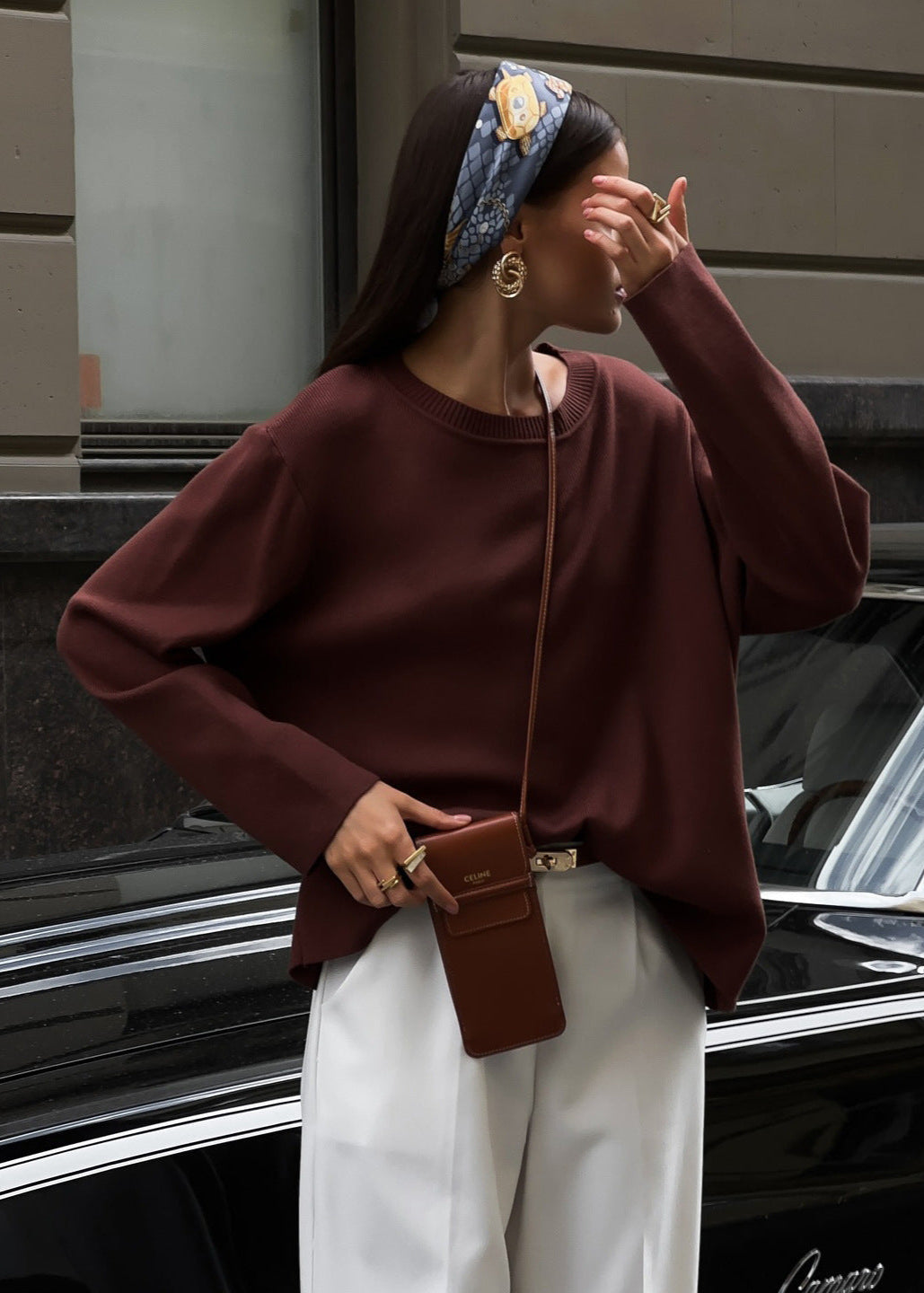 Relaxed Fit Ribbed Knit Sweater Brown
