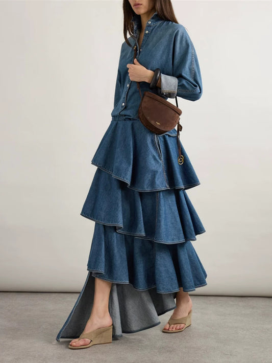 Trendy Denim Two-Piece Set With Asymmetrical Ruffled Skirt