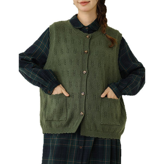 Solid Color Crochet Knit Vest Sweater Casual Layering Cardigan