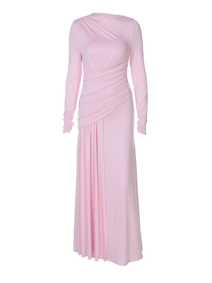 Elegant Ruched Zip-Up Long Sleeve Dress