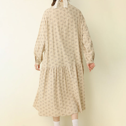 Sweet Floral A-Line Long Sleeve Dress Cotton Casual Style